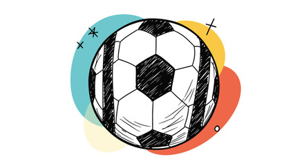 A modern and artistic hand-drawn soccer ball illustration with a dynamic sketch style on a colorful abstract background.