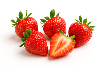Closeup of fresh red ripe organic strawberries isolated on a white background, perfect for food and healthy diet concepts