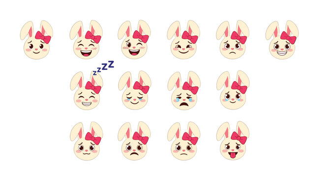A cute collection of cartoon bunny rabbit face emojis with a pink bow showing a variety of different emotional expressions. - Powered by Adobe