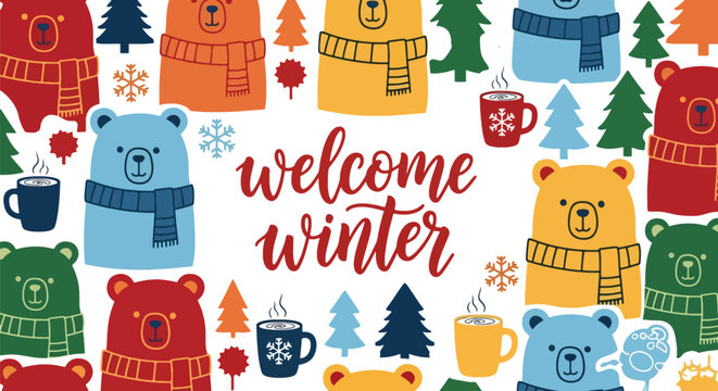 Flat vector wallpaper featuring adorable winter bears wearing scarves with tiny snowflakes. Ideal for children’s décor, apparel prints, packaging, and cozy winter themes