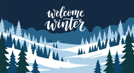 Flat vector wallpaper with snowy hills, trees, and falling snow arranged in border layout. Ideal for greeting cards, seasonal web backgrounds, and holiday decorative themes