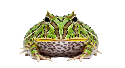Isolated horned frog with green and brown markings, a pet amphibian with unusual horns