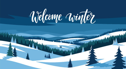 Flat vector wallpaper with snowy hills, trees, and falling snow arranged in border layout. Ideal for greeting cards, seasonal web backgrounds, and holiday decorative themes
