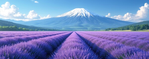 Naklejka premium Purple lavender field stretches towards Mount Fuji in Japan. Rows of flowers bloom in summer countryside. Beautiful rural landscape with snow capped mountain. Scenic panorama of Japanese nature,