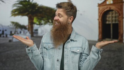 Man with long beard wearing lightblue denim jacket raises palms while smiling on cobblestone street; uncertainty.