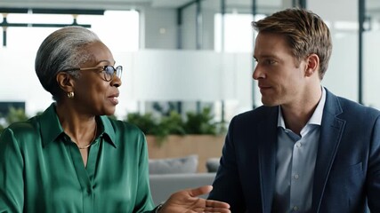 Senior African American businesswoman discusses strategy with young Caucasian colleague in modern office. Professional meeting showing mentorship and diversity suitable for corporate use.