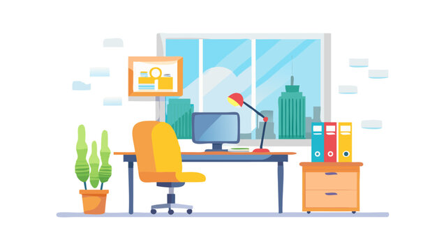 Bright cartoon office setup with desk, computer and chair near the large window, illuminating workspace and adding a vibrant, cheerful ambiance. vetor icon