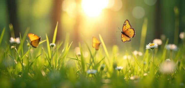 Orange butterflies fly in sunny meadow with white daisy flowers. Insects flutter on fresh green grass in morning sunlight. Idyllic summer nature scene with blooming wildflowers in forest glade. - Powered by Adobe