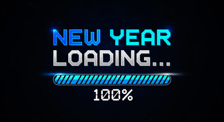 New year loading screen with pixelated text and progress bar showing 100 percent completion
