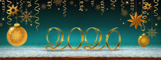 Merry Christmas and Happy New Year 2026 Banner on green background.