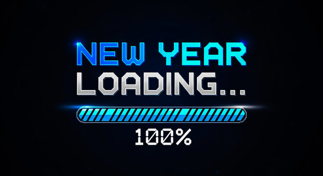 New year loading screen with pixelated text and progress bar showing 100 percent completion