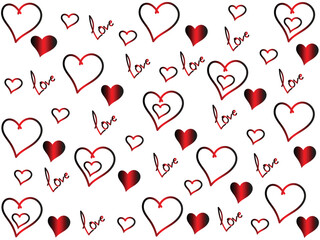 “seamless pattern of hand-drawn red and black hearts with love text for romantic decorative design", "romantic repeating heart and love typography pattern in red and black gradient decorative style”