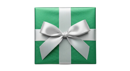 Isolated emerald green present box with silvery ribbon, festive gift for special occasions