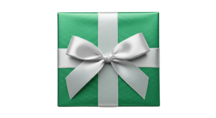 Isolated emerald green present box with silvery ribbon, festive gift for special occasions