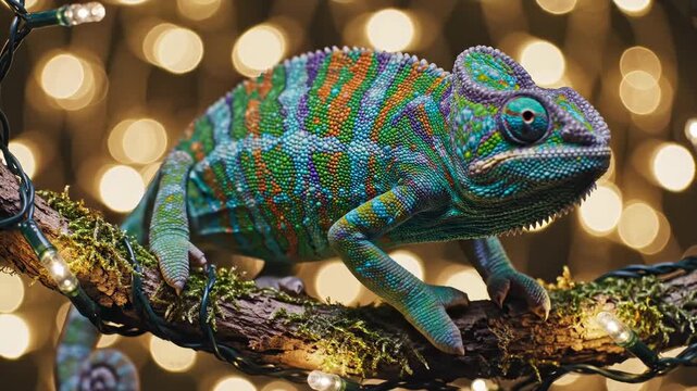 Vivid panther chameleon on a mossy branch with warm string lights and golden bokeh detailed scales and turquoise eye in festive, tropical wildlife scene.