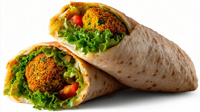 Two falafel wraps with lettuce isolated on white background