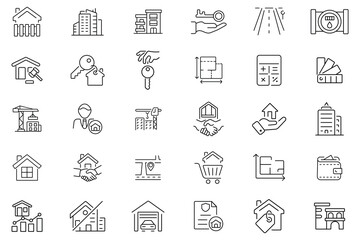 Real estate vector icon set. Investment, property, buying, renting, house, construction, return, leasing, building, road, hand key, house key and more. Vector illustration.