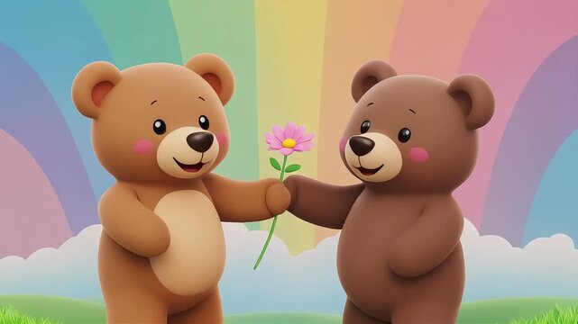 Cute 3D animated teddy bears exchange a pink flower in a magical rainbow landscape, perfect for children's learning apps and sweet romance concepts.