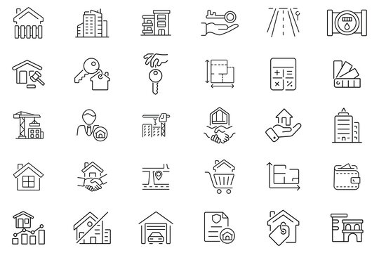 Real estate vector icon set. Investment, property, buying, renting, house, construction, return, leasing, building, road, hand key, house key and more. Vector illustration.