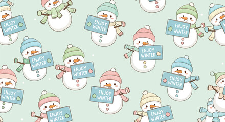 Cute kawaii snowmen holding “Enjoy Winter” signs in snowy seamless wallpaper. Ideal for kids’ products, winter stationery, festive packaging, and playful seasonal backgrounds