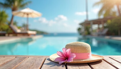Fototapeta premium Straw hat with pink flower on wooden table by swimming pool in resort. Pool and ocean in background. Palm trees and sun umbrella. Relaxation and vacation atmosphere.