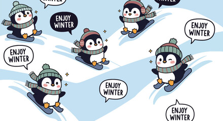 Kawaii penguin family sliding on snowy hills with sparkly flakes and “Enjoy Winter” bubbles. Ideal for children’s wallpapers, winter prints, seasonal décor, and holiday designs
