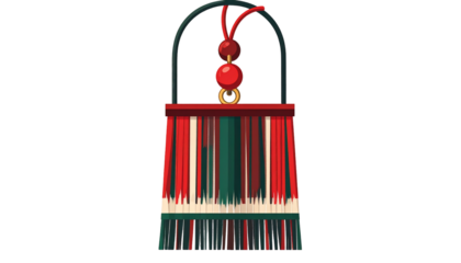 Colorful tassel ornament with red, green, and white strands hanging from a decorative arch and beads, isolated on a white background.
