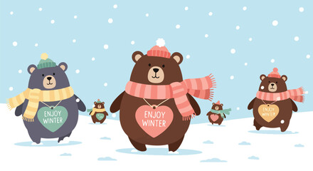 Kawaii bears in scarves and beanies with “Enjoy Winter” accents in snowy seamless design. Ideal for kids’ apparel, winter packaging, cute branding, and seasonal illustrations