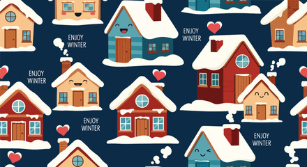 Chibi winter village with smiling houses, snowy roofs, and &ldquo;Enjoy Winter&rdquo; bubbles. Ideal for greeting cards, holiday backgrounds, kids&rsquo; d&eacute;cor, and seasonal wallpaper designs