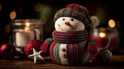 A cheerful snowman doll dressed in red and green striped clothing sits on a wooden surface, holding a white star, with warm bokeh lights in the background creating a cozy holiday scene.