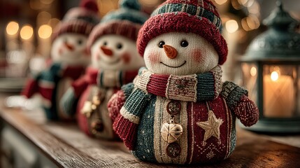 A row of cheerful snowman dolls with the foremost in sharp focus, wearing red and green striped outfits and a golden star pendant, set against a backdrop of soft bokeh and a glowing lantern.