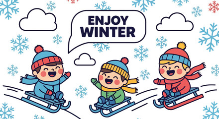 Adorable chibi kids sledding on snowy hills with tiny “Enjoy Winter” bubbles. Ideal for school décor, kids’ wallpapers, seasonal prints, and joyful winter illustrations