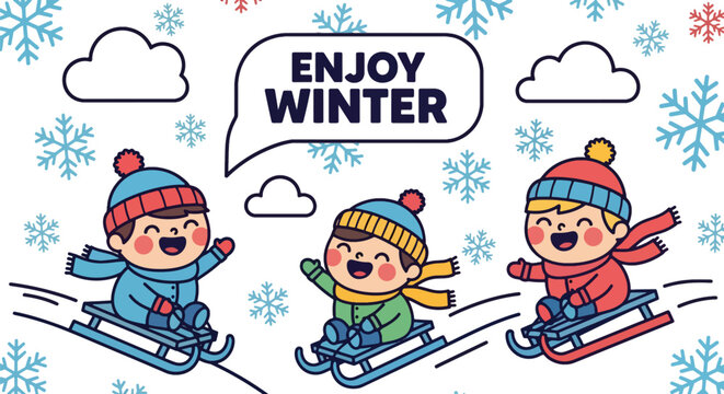 Adorable chibi kids sledding on snowy hills with tiny “Enjoy Winter” bubbles. Ideal for school décor, kids’ wallpapers, seasonal prints, and joyful winter illustrations