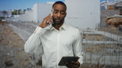 Man in white shirt talking on phone while holding tablet with right hand at building site outdoors, reviewing building plans and notes on screen; concentration planning.