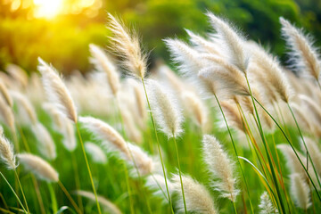 A lively meadow of lush green grass featuring golden ear-like flowers softly moving in the breeze, embodying the spirit of natural beauty and serenity.