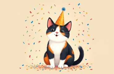 Cute calico cat celebrates event with confetti, hat. Cartoon kitty sits on beige background. Design element for festive card. Playful pet portrait for birthday party invitation. Cheerful domestic