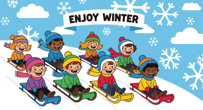 Adorable chibi kids sledding on snowy hills with tiny “Enjoy Winter” bubbles. Ideal for school décor, kids’ wallpapers, seasonal prints, and joyful winter illustrations