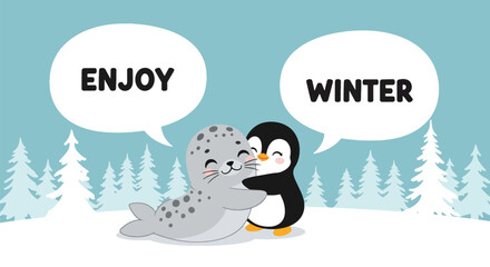 Kawaii seal and penguin hugging under falling snow with “Enjoy Winter” captions. Ideal for kids’ stationery, winter décor, cute merchandise, and seasonal character designs