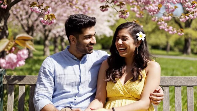 Cheerful young couple sits on a wooden bench surrounded by pink cherry blossoms. They laugh together enjoying a romantic spring date outdoors. Perfect for lifestyle and love concepts.