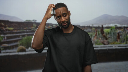 Man scratching head with bare forearm visible on street terraced plaza near stone steps and...