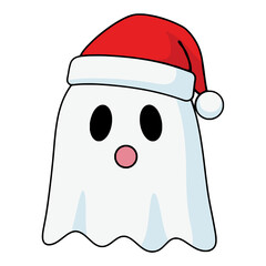 Cute Ghost Character Wearing Santa Hat Cartoon Illustration for Christmas