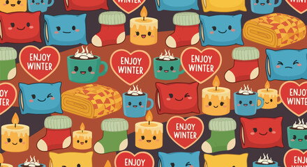 Kawaii pillows, blankets, socks, candles, and cocoa mugs arranged with “Enjoy Winter” icons. Ideal for cozy winter décor, packaging, textile patterns, and cute seasonal art