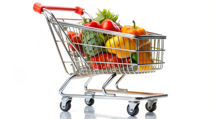Fresh Vegetables and Fruits in Shopping Cart on Light Background