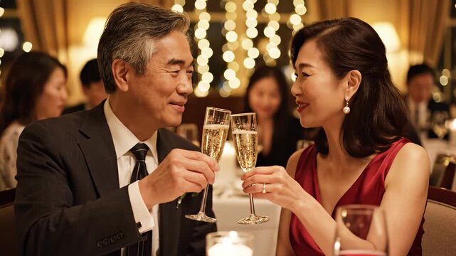 Elegant senior Asian couple clink champagne glasses at a festive dinner party. The scene captures romance and celebration, perfect for anniversary or retirement themes.