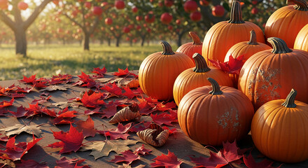 Orange pumpkin, red maple leaf, wooden table surface. It represents autumn harvest and seasonal transition, set in a garden with apple tree.