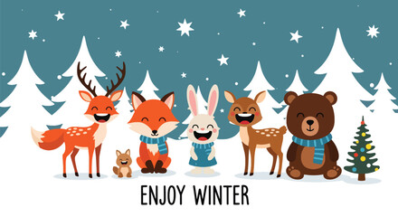 Chibi forest animals—fox, deer, bunny, bear—gathering in snowy forest with “Enjoy Winter” bubbles. Ideal for children’s décor, wallpapers, gifts, and playful winter themes