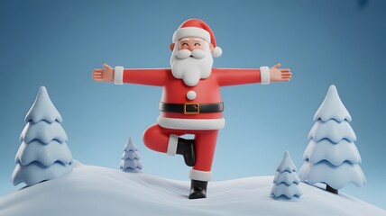 3D Cartoon Santa Claus Doing Yoga in Snow Scene – Christmas Wellness, Holiday Fitness, Winter Meditation, Funny Mascot Character, Healthy Lifestyle, Balance Pose, Festive Greeting Card Design, Render