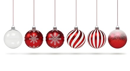 A row of six christmas ornaments isolated on white background, featuring a variety of red and white designs for holiday decoration