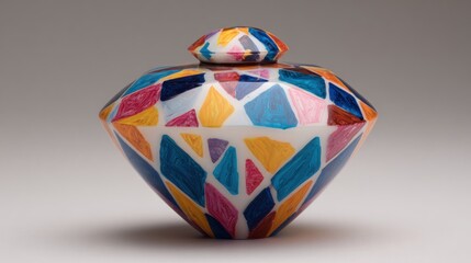 Colorful, diamond-shaped decorative container with a vibrant mosaic pattern