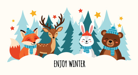Chibi forest animals—fox, deer, bunny, bear—gathering in snowy forest with “Enjoy Winter” bubbles. Ideal for children’s décor, wallpapers, gifts, and playful winter themes